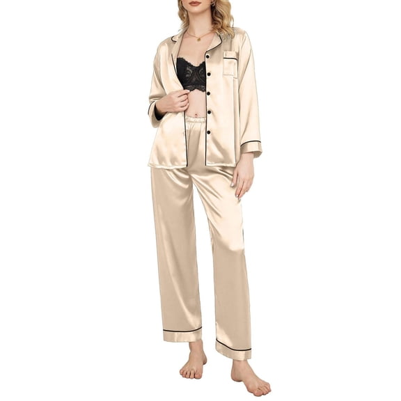 Ekouaer Women's Classic Button Down Long Satin Silk Pajama Set