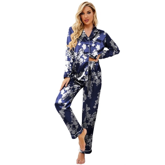 Ekouaer Women's Classic Button Down Long Satin Silk Pajama Set