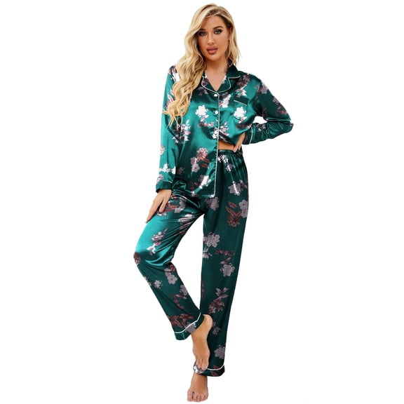 Ekouaer Women's Classic Button Down Long Satin Silk Pajama Set