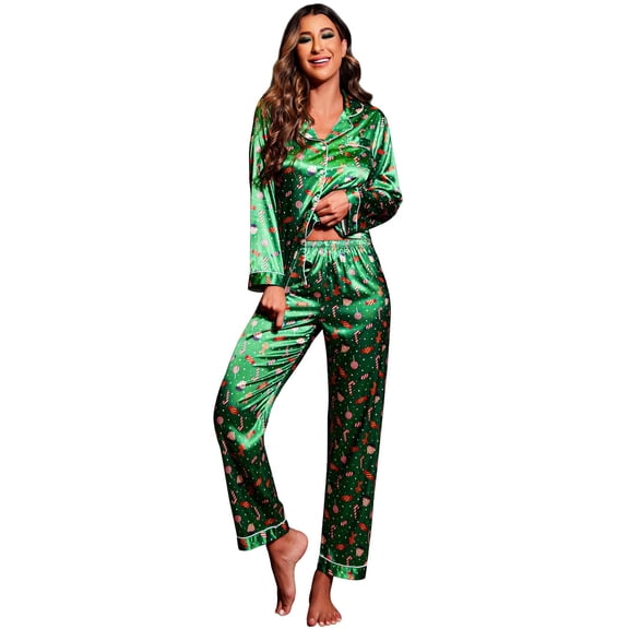 Ekouaer Women's Classic Button Down Long Satin Silk Pajama Set