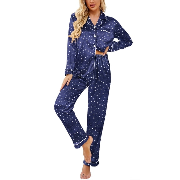 Ekouaer Women's Classic Button Down Long Satin Silk Pajama Set
