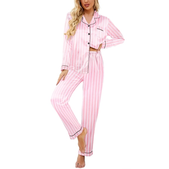 Ekouaer Women's Classic Button Down Long Satin Silk Pajama Set
