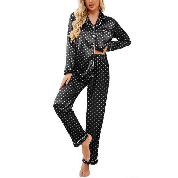 Ekouaer Women's Classic Button Down Long Satin Silk Pajama Set