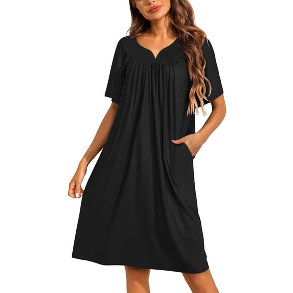 Ekouaer Women's House Dress Pleated Nightgown with Short Sleeves & Pockets