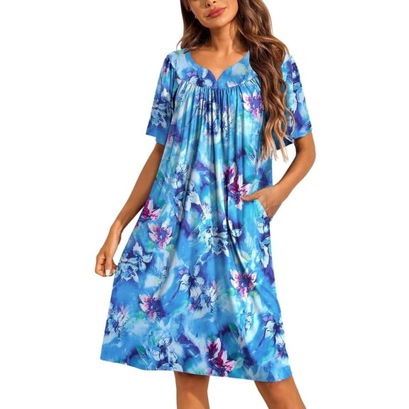 Ekouaer Women's House Dress Pleated Nightgown with Short Sleeves & Pockets