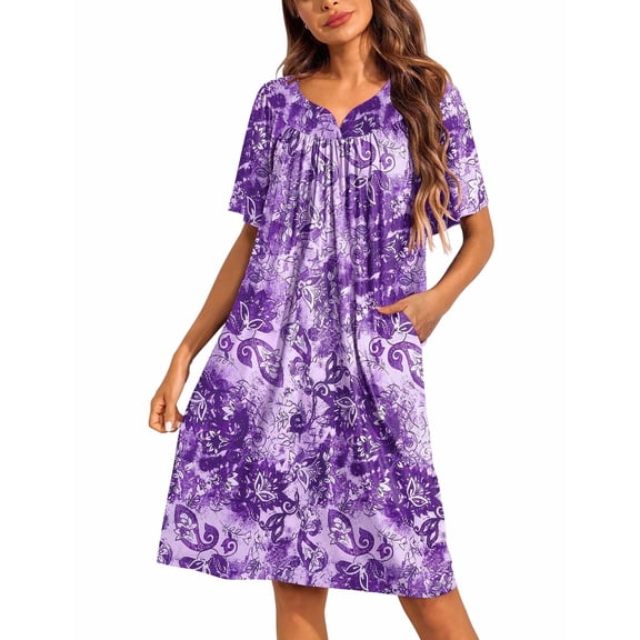 Ekouaer Women's House Dress Pleated Nightgown with Short Sleeves & Pockets
