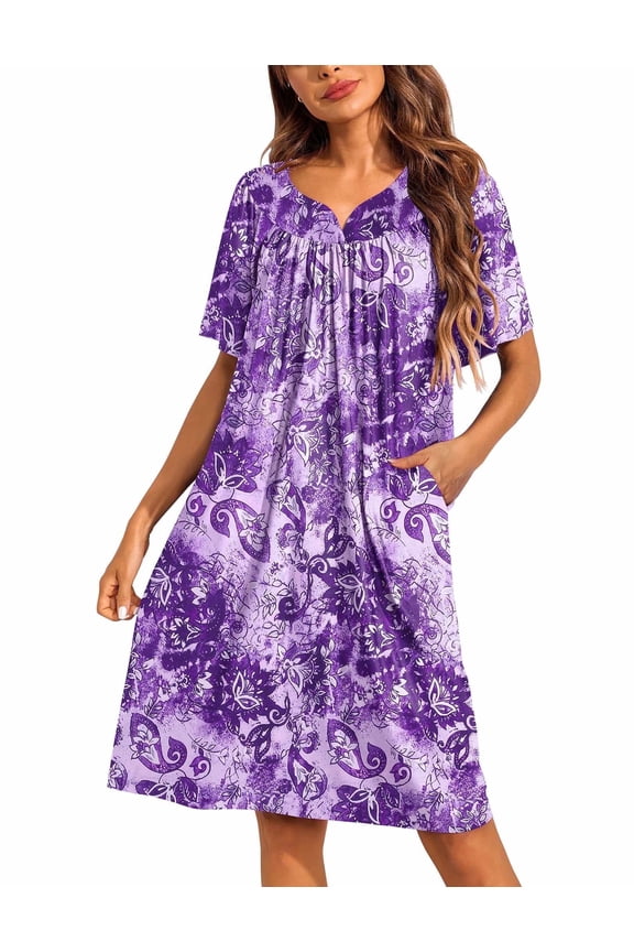 Women's House Dress Pleated Nightgown with Short Sleeves & Pockets