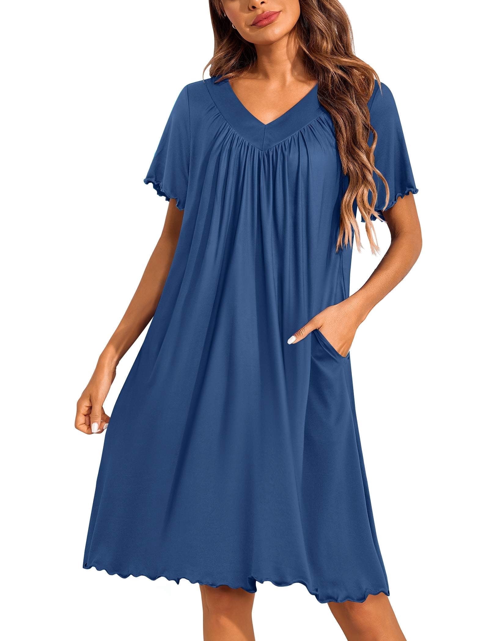 Ekouaer Women's House Dress with Pockets Moo Moo Nightgown V Neck Sleepwear  Pleated Floral Print Mumu Dress