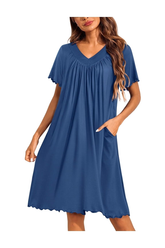 Women's House Dress with Pockets Moo Moo Nightgown V Neck Sleepwear Pleated Floral Print Mumu Dress