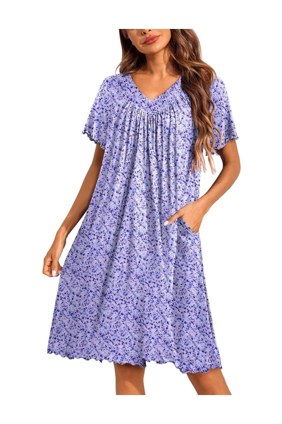 Women's House Dress with Pockets Moo Moo Nightgown V Neck Sleepwear Pleated Floral Print Mumu Dress