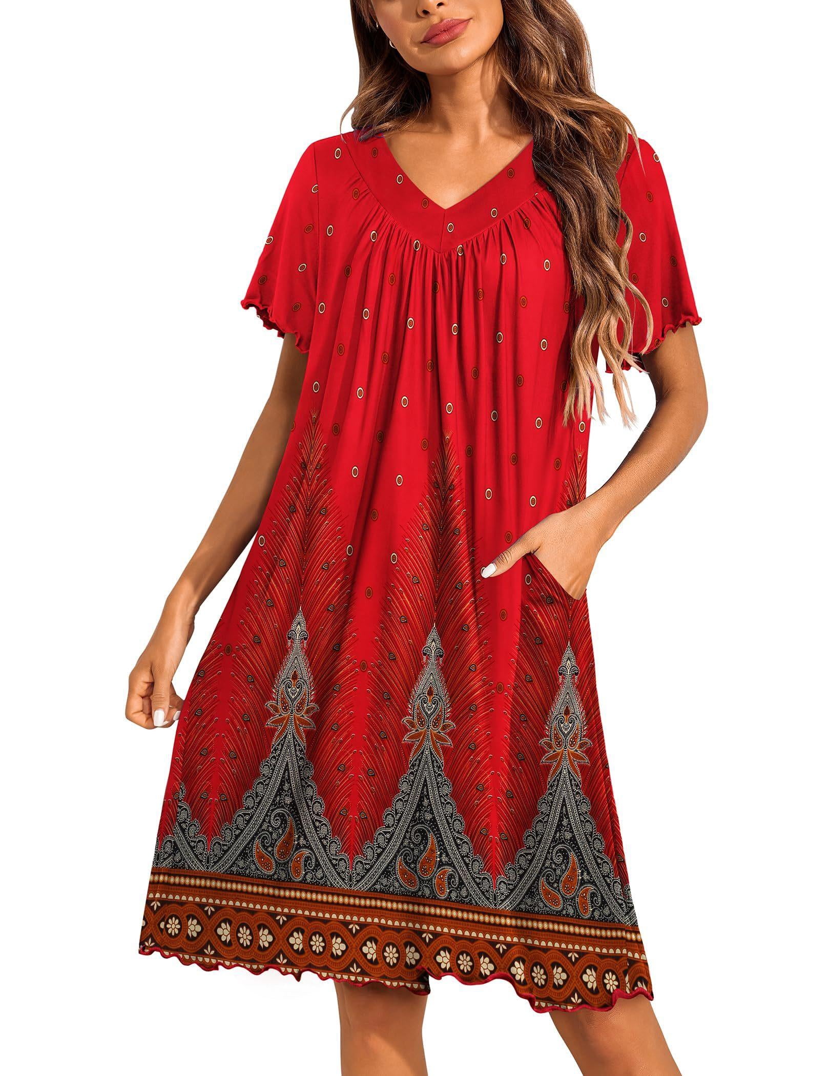 Ekouaer Women's House Dress with Pockets Moo Moo Nightgown V Neck Sleepwear  Pleated Floral Print Mumu Dress - Walmart.com