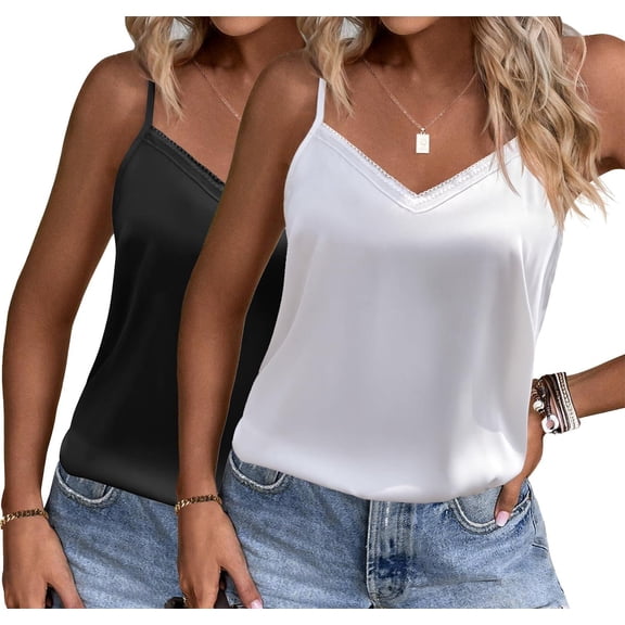 Ekouaer Women's 2 Pack Lace satin Pajama Tank Tops V Neck Camisole Soft Spaghetti Strap Tops Loose Sleepwear Black/White X-Large