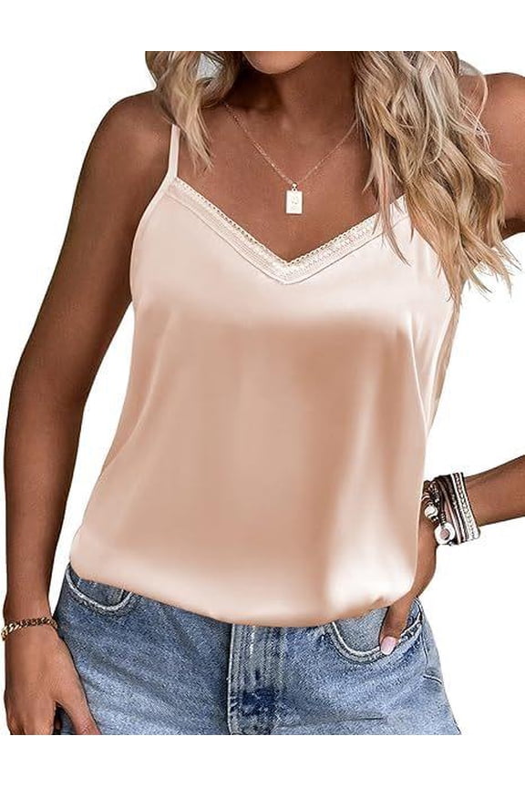 Women's Lace Pajama Tank Tops V Neck Camisole Soft Spaghetti Strap Tops Loose Sleepwear