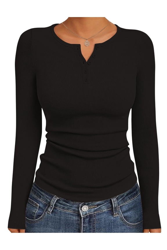 Women's Long Sleeve Henley Shirts Ribbed Knit Tops Basic Layering Slim Fit Soft Thermal Undershirts