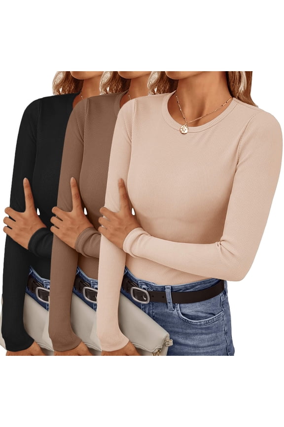 Women's Long Sleeve Shirts 3 Packs Crew Neck Stretchy Fitted Tops Ribbed Base Layer Soft Thermal Undershirts Tee