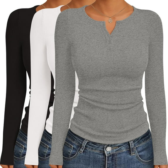 Ekouaer Women's Long Sleeve Shirts 3 Packs Henley Button Down Tops Ribbed Slim Fit Base Layer Soft Thermal Tee Black/White/Light Gray