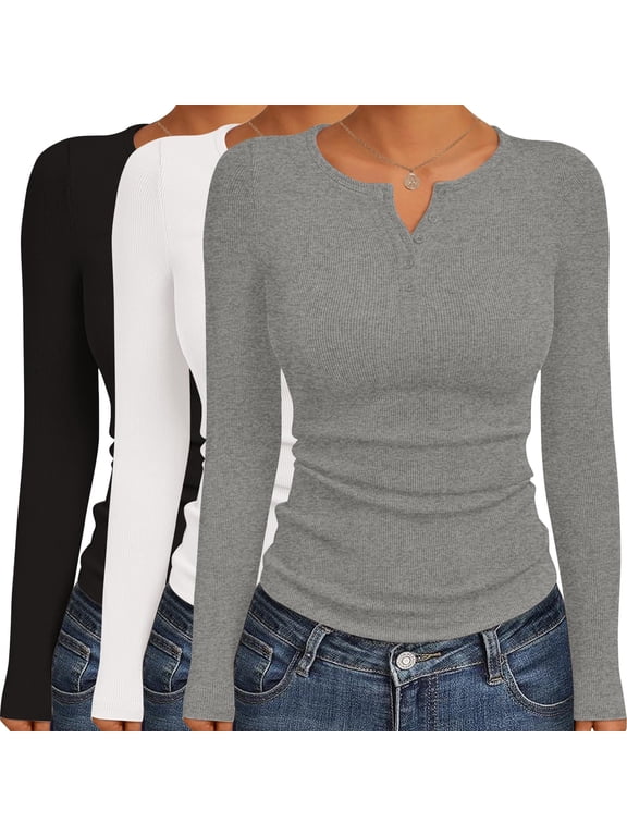 Women's Long Sleeve Shirts 3 Packs Henley Button Down Tops Ribbed Slim Fit Base Layer Soft Thermal Tee Black/White/Light Gray