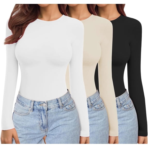Ekouaer Women's Long Sleeve Shirts Tight Fitted Tops Crewneck Underscrubs Tee Lightweight Basic Thermal Undershirts