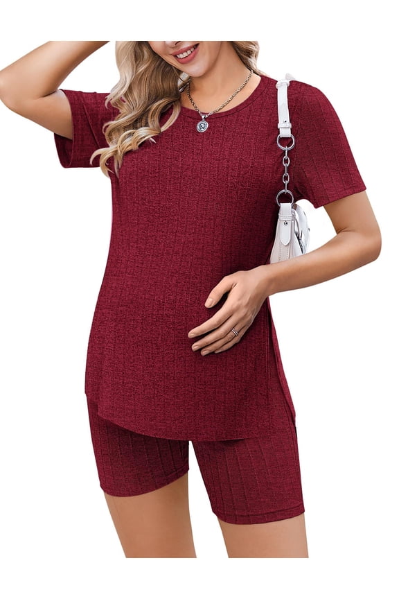 Women's Maternity 2 Piece Set Outfits Short Sleeve Shirts and Biker Shorts Sets Pregnancy Pajamas Mama Clothes