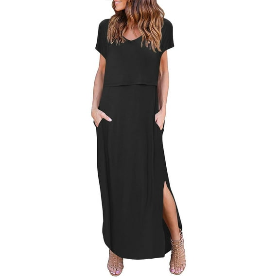 Ekouaer Women's Maternity Nursing Dresses Summer Short Sleeve Split Long Dresses for Breastfeeding Black M Black M