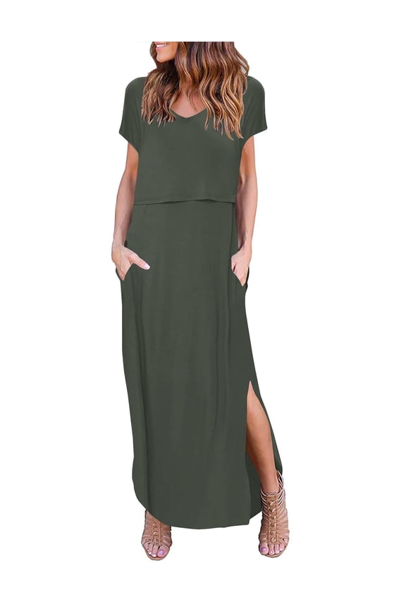 Women's Maternity Nursing Dresses Summer Short Sleeve Split Long Dresses for Breastfeeding Black M Dark Green L
