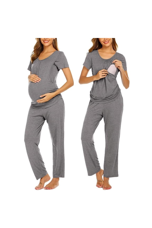 Women's Maternity Nursing Pajamas Cotton Sleepwear Set Soft Pregnancy Breastfeeding PJ Set Black M Dark Grey XL