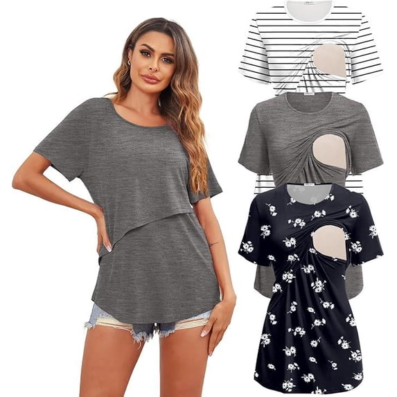 Ekouaer Women's Maternity Shirts Short Sleeves Nursing Tops 3 Pack Double Laye Breastfeeding Tees Pregnancy Clothes