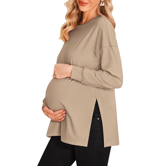 Ekouaer Women’s Maternity Shirts Long Sleeve Split Side Pregnancy Tee Top Tunic Blouse Casual Mama Clothes