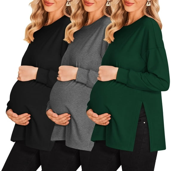 Ekouaer Women’s Maternity Shirts Long Sleeve Split Side Pregnancy Tee Top Tunic Blouse Casual Mama Clothes