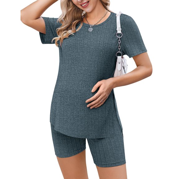 Ekouaer Women's Maternity 2 Piece Set Outfits Short Sleeve Shirts and Biker Shorts Sets Pregnancy Pajamas Mama Clothes