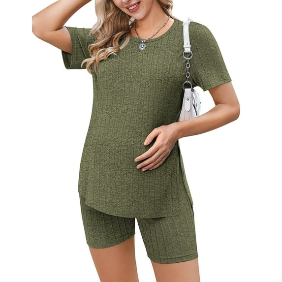 Ekouaer Two Piece Maternity Set Outfits Summer Short Sleeve Split Side Shirts and Shorts Maternity Loungewear Pregnancy Clothes