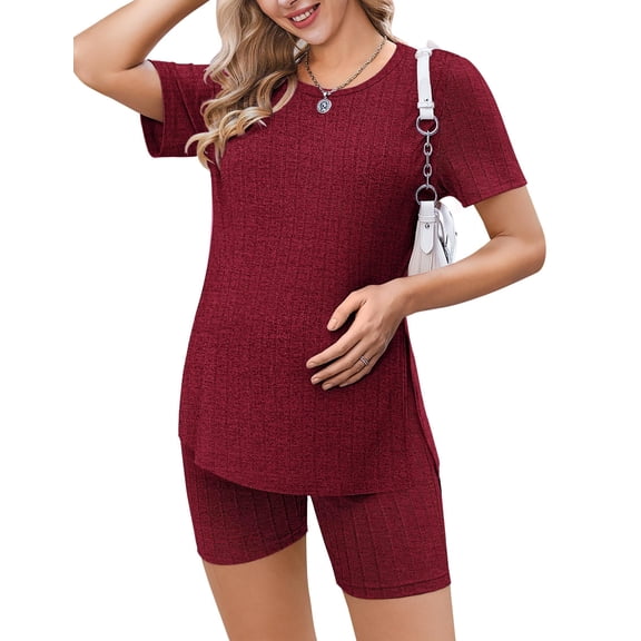 Ekouaer Women's Maternity Two Piece Set Outfits Summer Pregnancy Clothes Short Sleeve Split Side T-Shirts and Biker Shorts