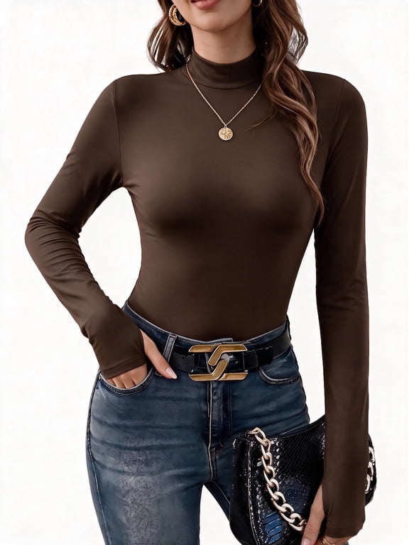 Womens Mock Neck Thermal Top Long Sleeve Base Layer with Thumbholes Warm Winter Undershirt Slim Fit Thermal Wear