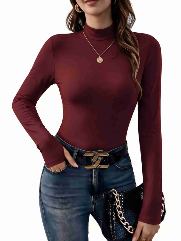 Womens Mock Neck Thermal Top Long Sleeve Base Layer with Thumbholes Warm Winter Undershirt Slim Fit Thermal Wear