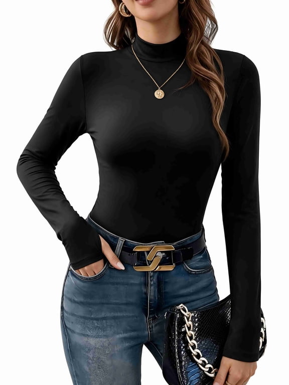 Womens Mock Neck Thermal Top Long Sleeve Base Layer with Thumbholes Warm Winter Undershirt Slim Fit Thermal Wear