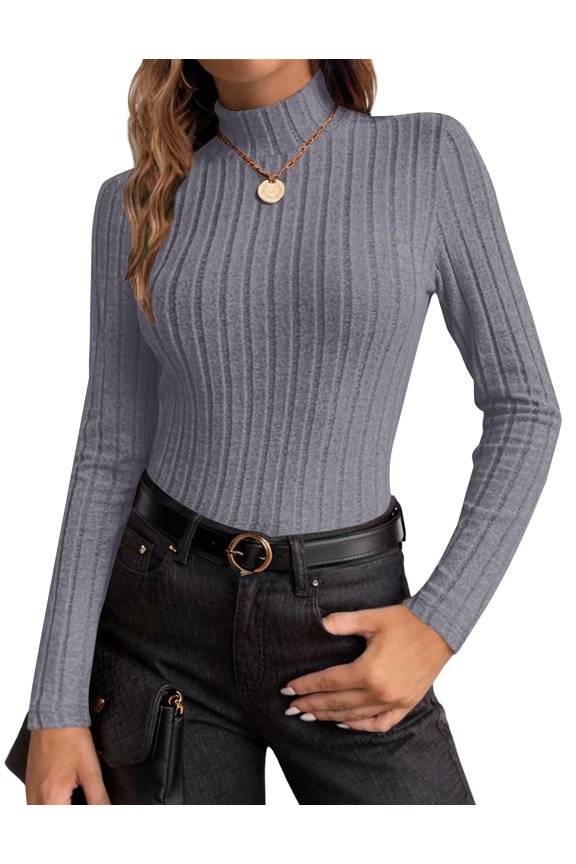 Women's Mock Turtleneck Long Sleeve Shirts Fall Ribbed Tops Fleece Basic Layering Soft Thermal Undershirts Tee