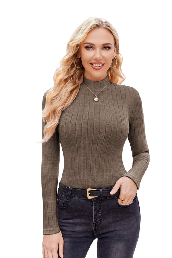 Women's Mock Turtleneck Long Sleeve Shirts Fall Ribbed Tops Fleece Basic Layering Soft Thermal Undershirts Tee