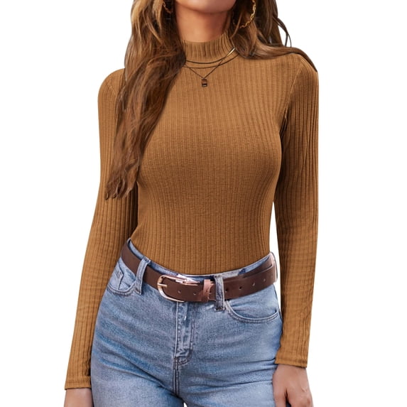 Ekouaer Women's Mock Turtleneck Long Sleeve Shirts Ribbed Knit Lightweight Pullover Sweater Stretch Fitted Thermal Top White XXL