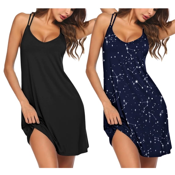 Ekouaer Women's Nightgown 2 Pack Racerback Sleeveless Night Shirt Sexy Sleepdress Plain Color Simple Daily Wear Cami Dress V Neck Spaghetti Strap Sleepwear Plus Size Lingerie