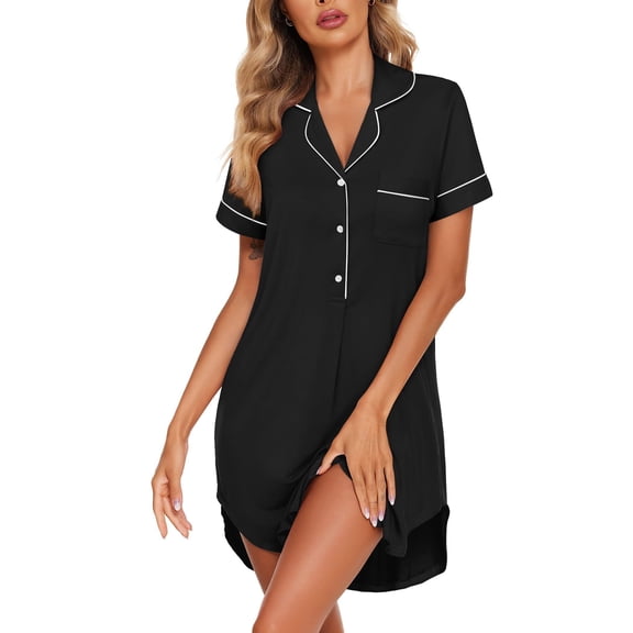 Ekouaer Women's Nightgown Button Down Nightshirt V Neck Sleepshirt Short Sleeve Sleepwear