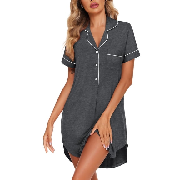 Ekouaer Women's Nightgown Button Down Nightshirt V Neck Sleepshirt Short Sleeve Sleepwear Soft Pajama Dress