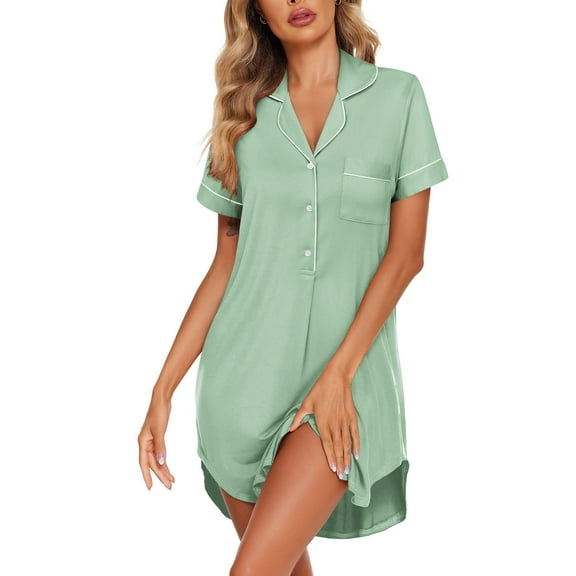 Ekouaer Women's Nightgown Button Down Nightshirt V Neck Sleepshirt Short Sleeve Sleepwear