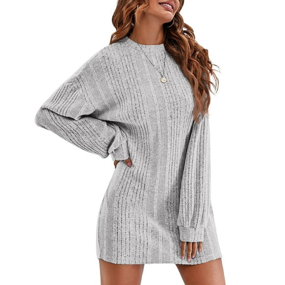 Ekouaer Women's Nightgown Long Sleeve Ribbed Knit Nightshirt Round Neck Sleep Shirt Soft Sweater Dress