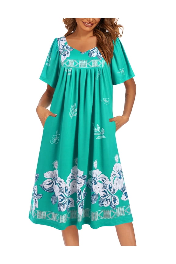 Women's Nightgown Pleated House Dress Short Sleeve Mumu Dress With Pockets