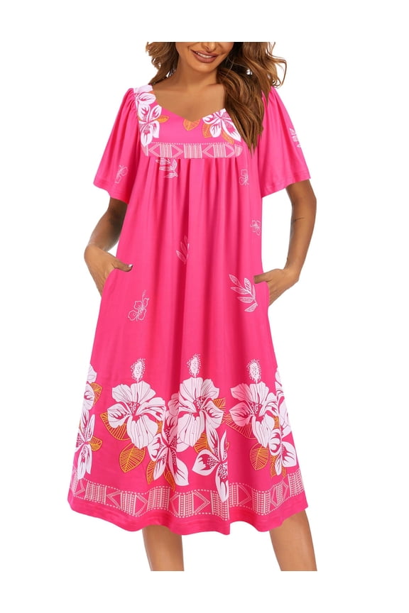 Women's Nightgown Pleated House Dress Short Sleeve Mumu Dress With Pockets