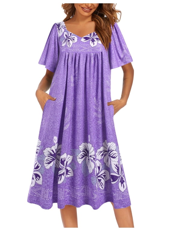 Women's Nightgown Pleated House Dress Short Sleeve Mumu Dress With Pockets