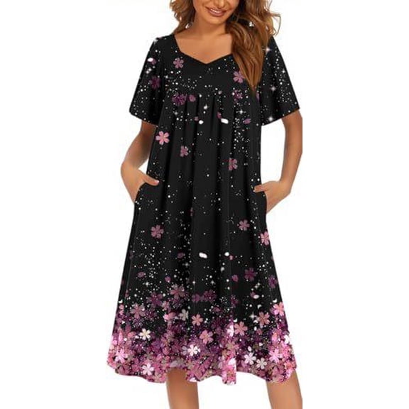 Ekouaer Women's Nightgown Pleated House Dress Short Sleeve Mumu Dress With Pockets