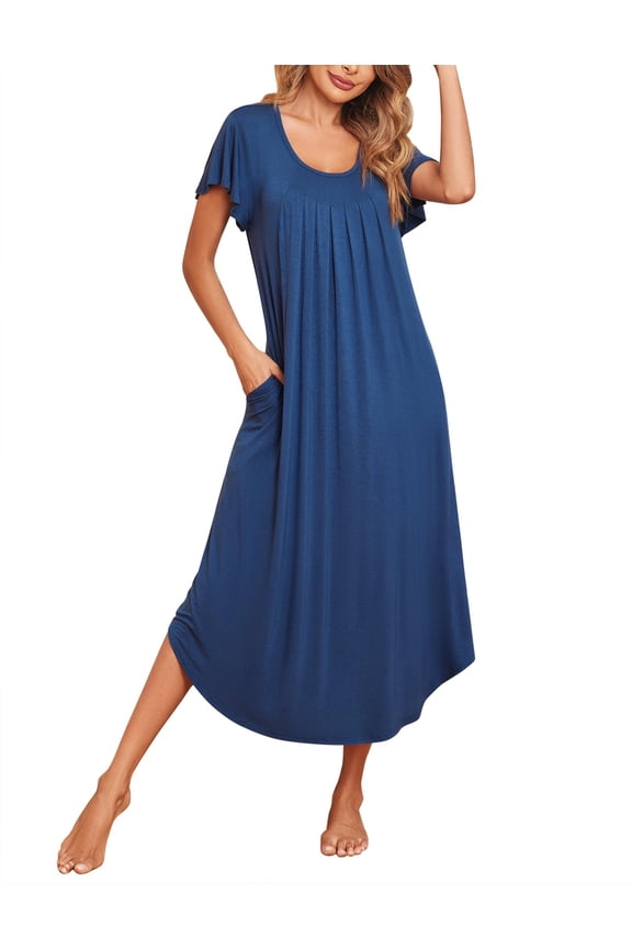 Women's Nightgowns Long Sleepshirt Short Flare Sleeve Sleepwear Soft Night Shirts with Pockets