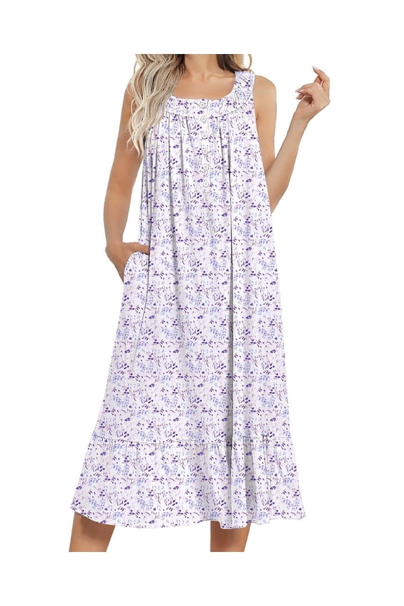 Women's Nightgowns Long Sleeveless Night gown with Pockets Soft Ladies Nightdress