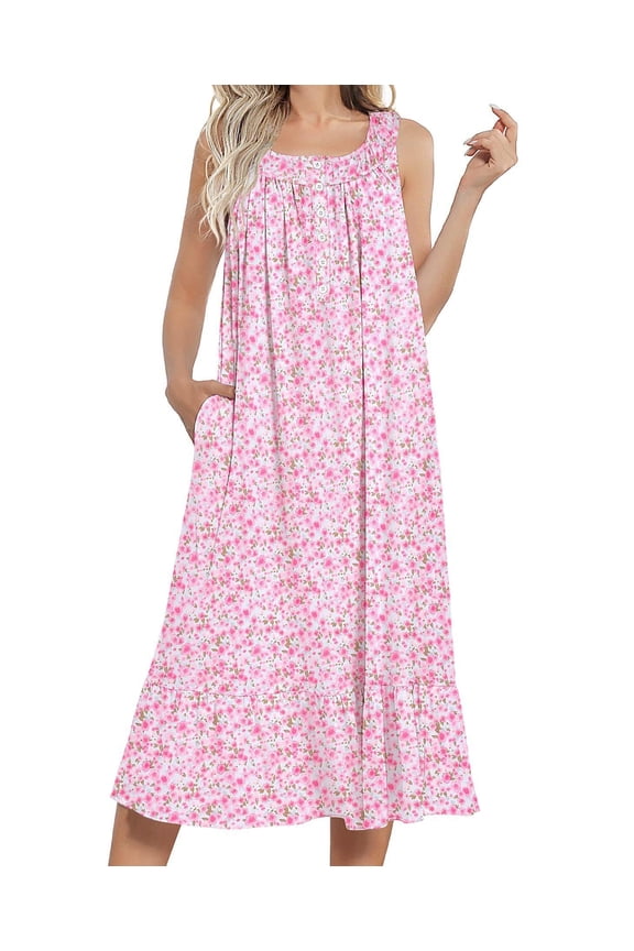 Women's Nightgowns Long Sleeveless Night gown with Pockets Soft Ladies Nightdress